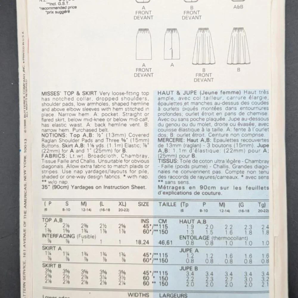 Butterick Sewing Pattern 6101 Misses Top and Skirt Sizes L XL Fast Easy Uncut - Picture 2 of 4
